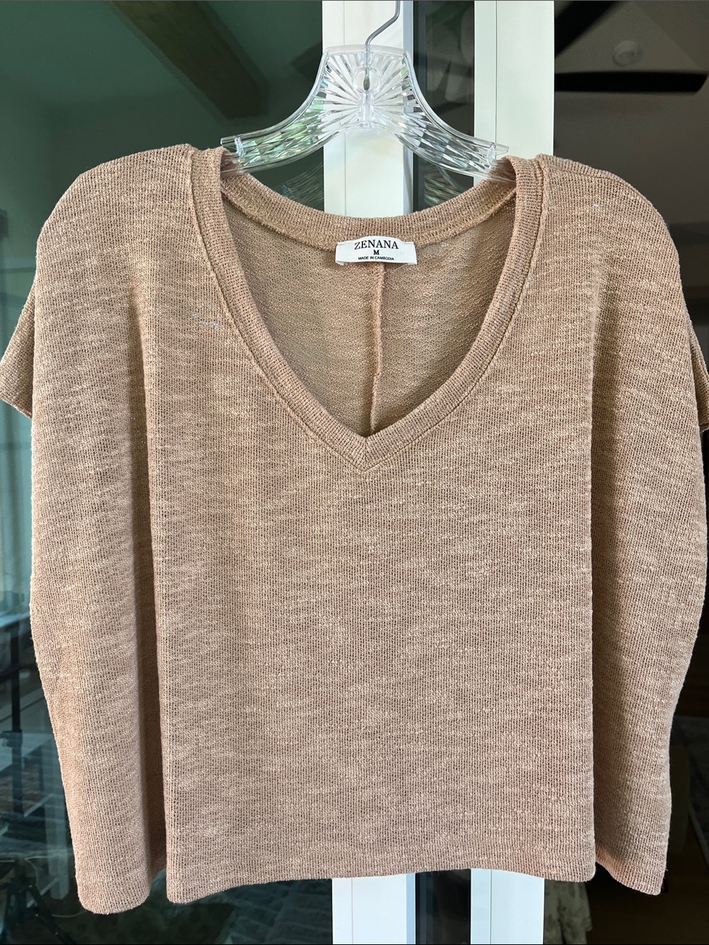 Zenana Outfitters Top Camel Knit V-Neck Cropped Boxy Fit Neutral